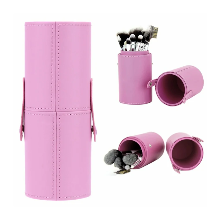 Factory custom all kinds leather bush storage barrel cosmetic cases cylinder cosmetic bags make up bush holder