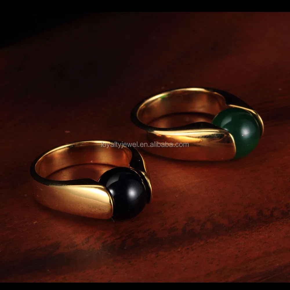 New Arrival stainless steel gold plated interchangable ball shape green and black stone rings