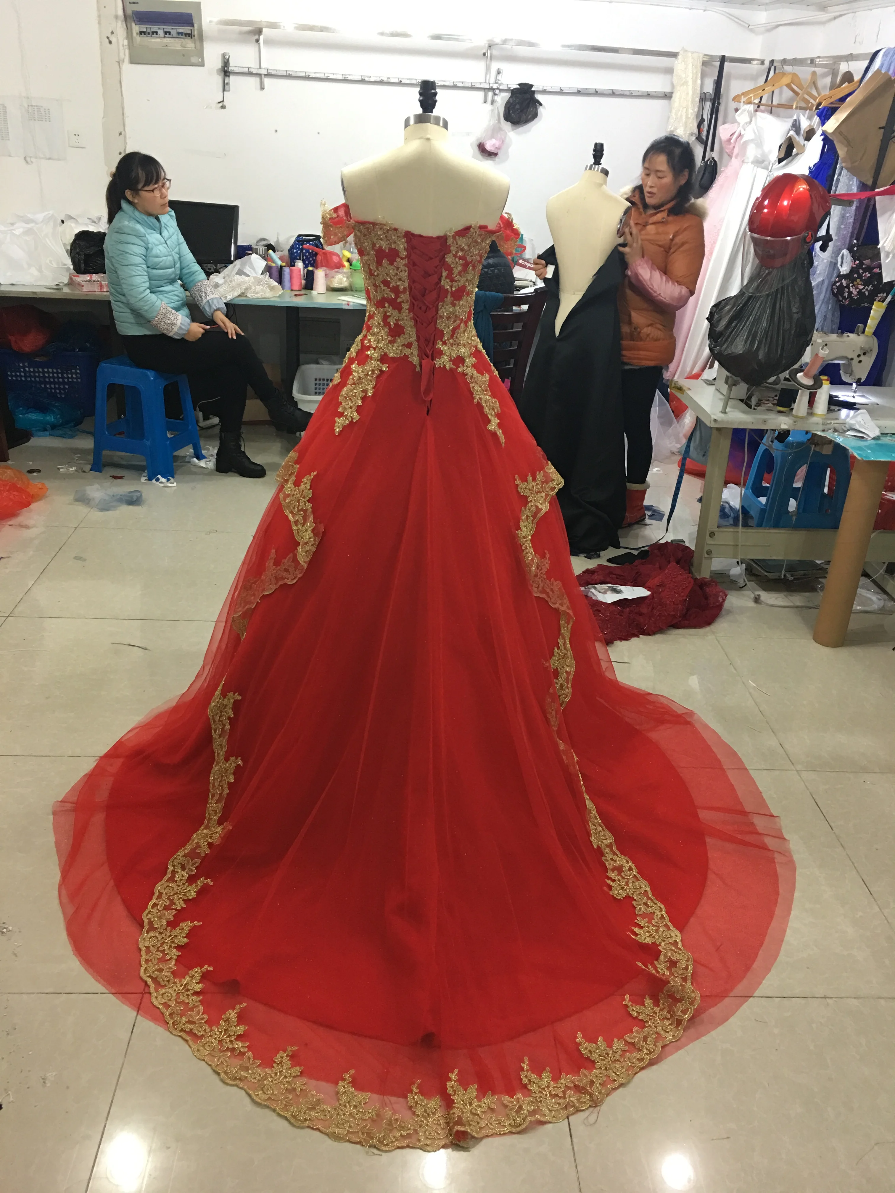 Tailored China Inspired Plus Size Accent Color Embroidered And Beaded Tulle Overlay Red Gold Wedding Dress