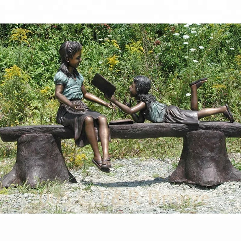 
popular design bronze children cute girl reading book statue for outdoor garden park ornament 