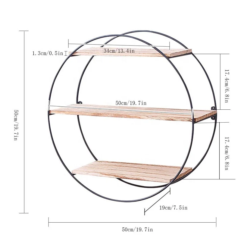 Rustic Floating Wall Shelves Metal Round Solid Wood Wall Shelves for living Room Storage Shelf