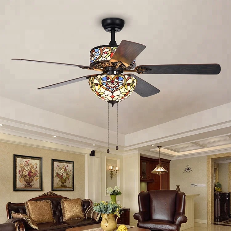 
Customized Tiffany Style matte black cheap price ceiling fan light led chandelier ceiling fan With 5Pcs Wood Blades 