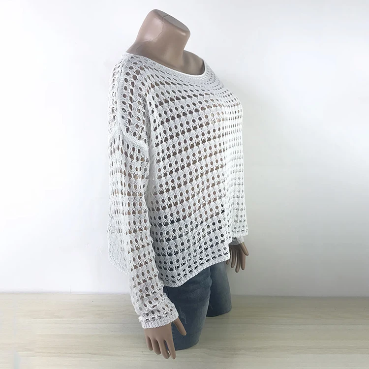 
Factory outlet ladies summer loose long sleeve crochet mesh hollow out top sexy sweater pullover 