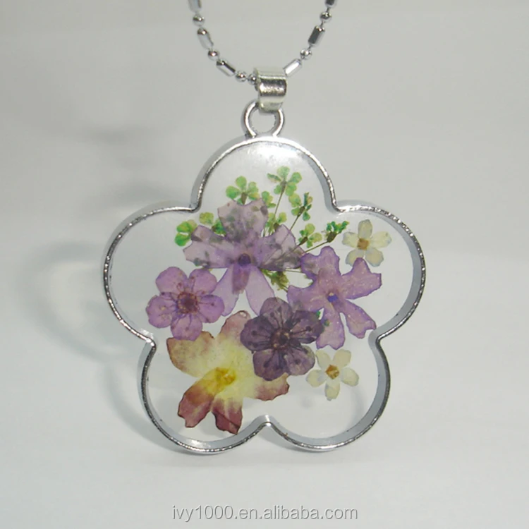 4mm Wide Silver Metal Pendant Necklace with Real Flower Inside Epoxy Resin Copper Jewelry Amber Stone for Engagement Gifts