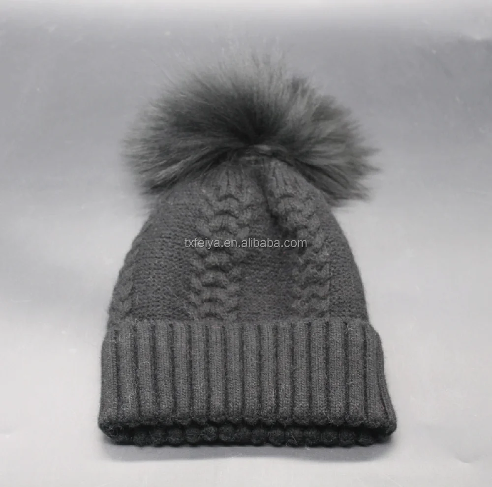 Classic style wholesale unisex wool knit beanie hat with raccoon fur pom poms