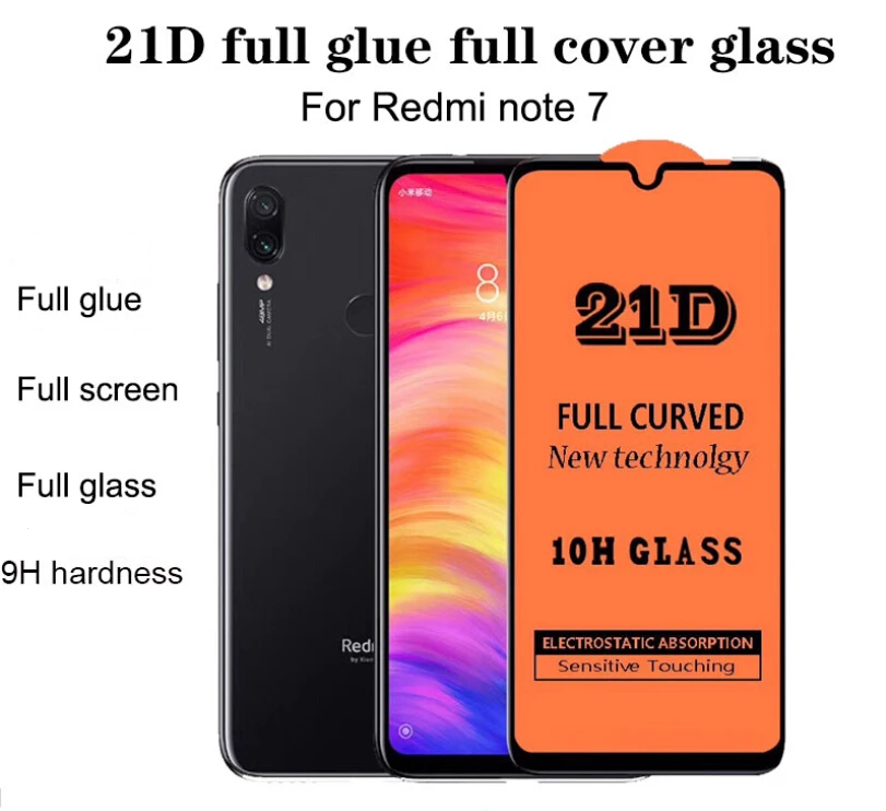 Micas de cristal para celular Full Glue 21D Tempered Glass Screen Protector for Redmi note 7
