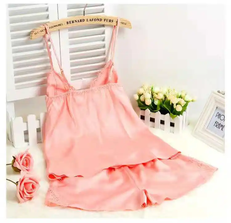 
Wholesale Stock Custom Women Nightwear Satin Silk Camisole Pajamas 