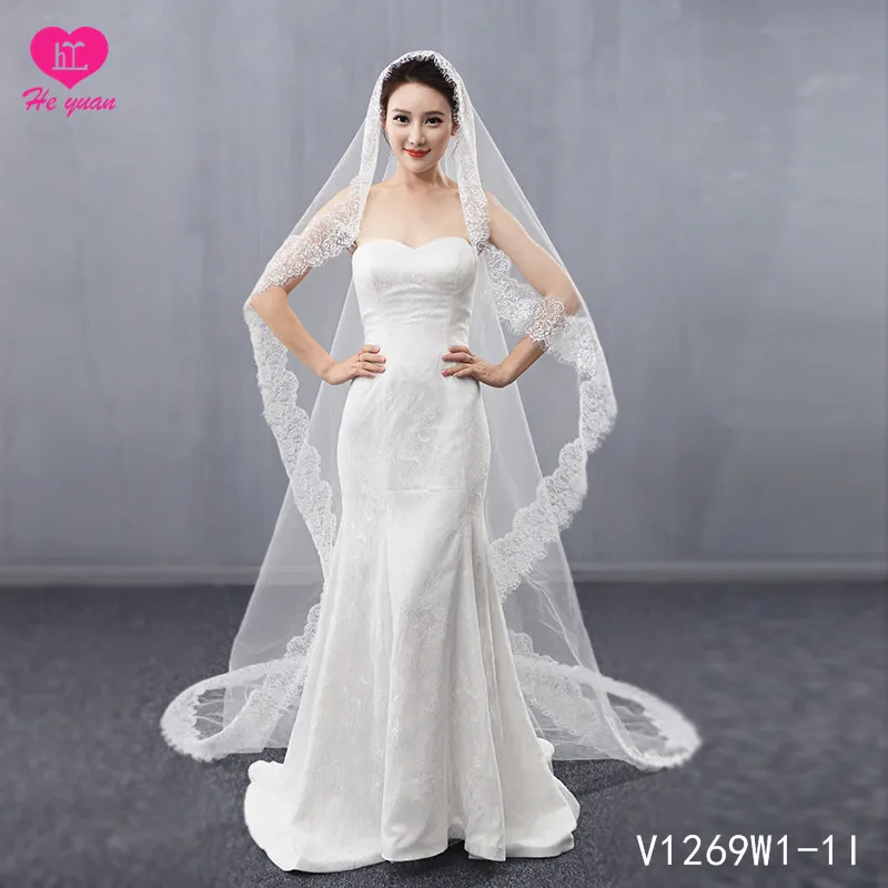V1269W1-1 church long veil lace trim
