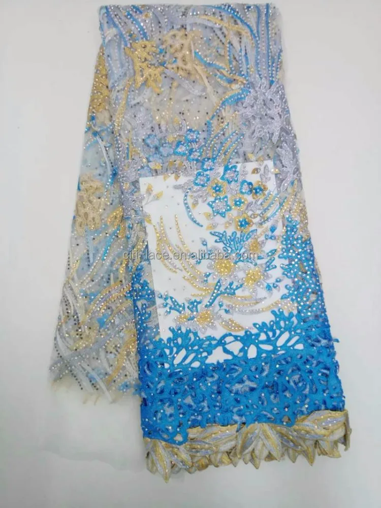Guangzhou african wedding embroidery tulle lace fabric material French 3d lace fabric with stones TS004