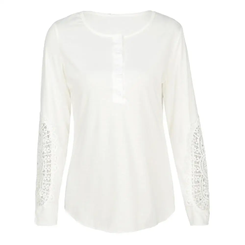 Sidiou Group Women Blouse Crochet Lace Splicing Long Sleeve Button Round Neck Hollow Solid T-Shirt