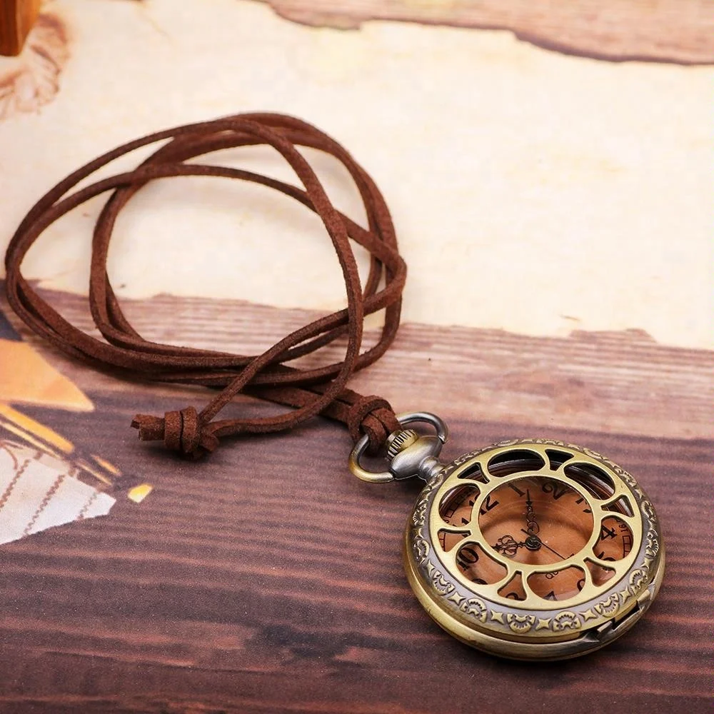 Retro Alloy Bronze Sunflower Pattern Pendant Watch Vintage Leather Rope mechanical Pocket Watches for women men