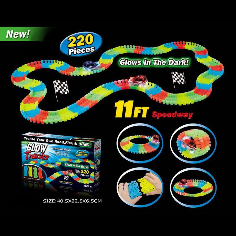 Hot Selling 480pcs Electric Glow In The Dark Rail Race DIY Slot Car Racing Magic Rail Car Toy