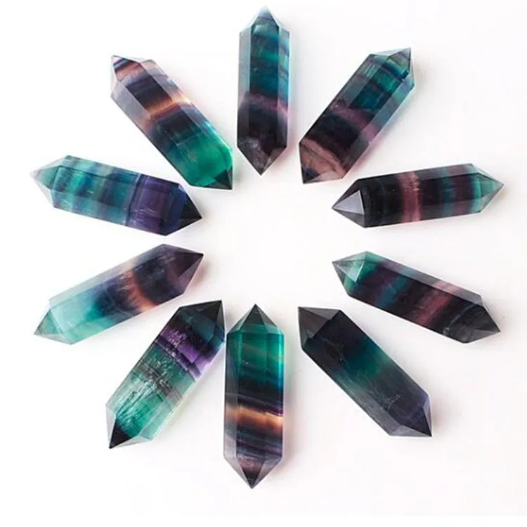 Polished Folk Art Rainbow Quartz Wand Polished Rainbow Fluorite Double Terminated Crystal Point