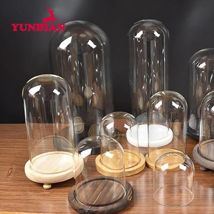 Factory Wholesale Different Size Oval Shape Bell Display Cloche Transparent Clear Glass Dome With Base Wood For Home Decor