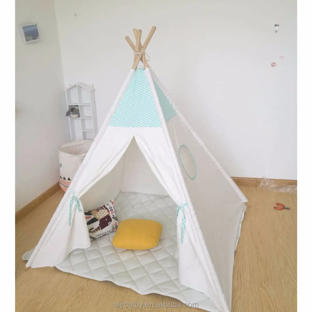 
Kids Play Tent Indian Teepee Children Playhouse four poles with green stripe 
