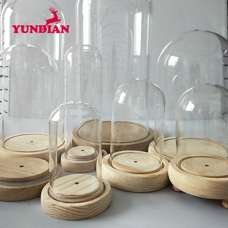 Factory Wholesale Different Size Oval Shape Bell Display Cloche Transparent Clear Glass Dome With Base Wood For Home Decor