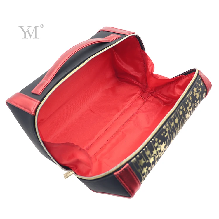 novation portable handle large capacity square pouch pvc leather bronzing gold makeup bag with mirror