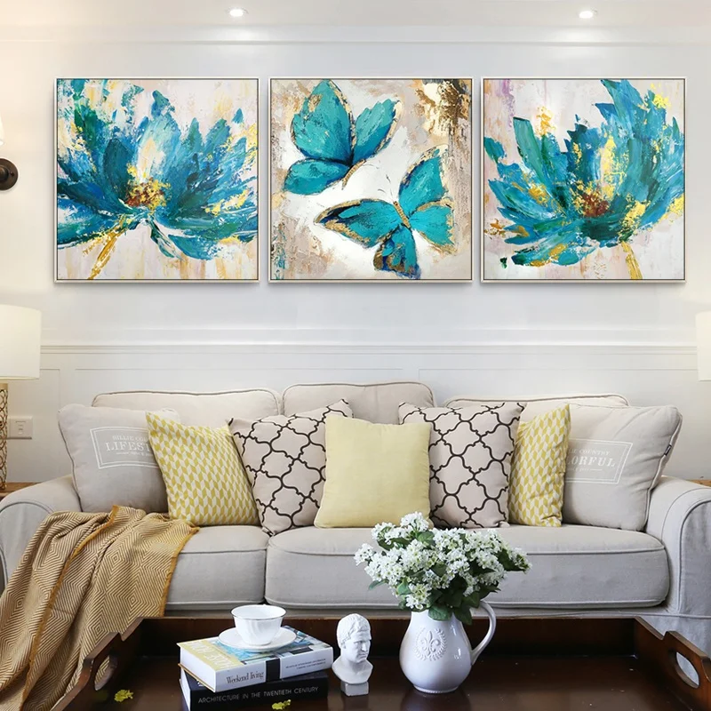 3 Panels Impression Wall Art Decor Blue Butterfly Flower hand painted canvas oil painting for decoration
