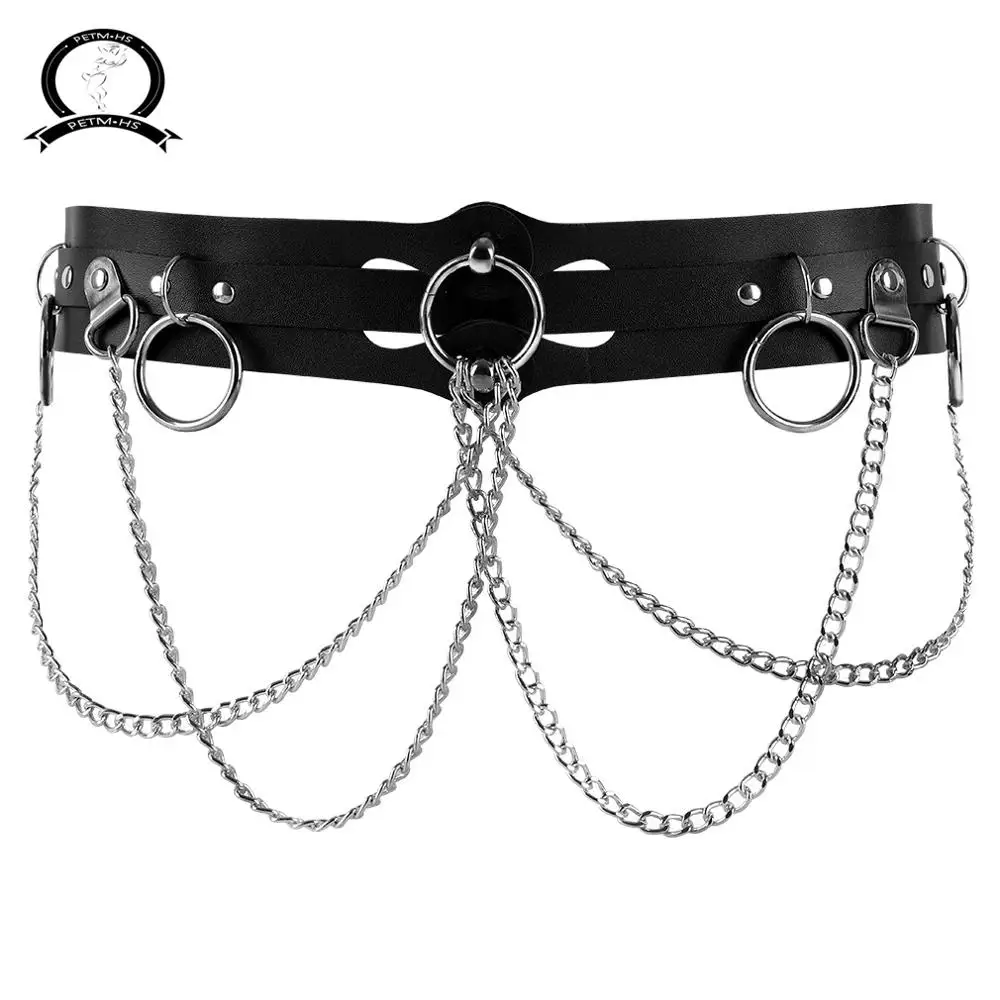 Женский кожаный ремень с цепочкой, черный ремень в готическом стиле