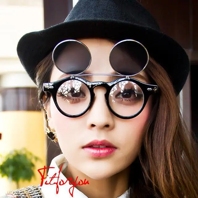 CC8008 Unisex Classic Vintage Circle Round Sunglasses Flip up Steampunk Glasses Double Layers Shades Fashion Sunglasses UV400 PC