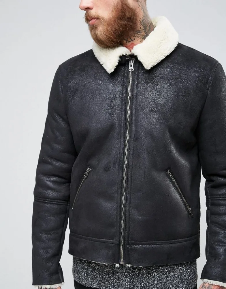 Heavy Weight Faux Shearling Men Suede Leather jacket Black Winter Jacket