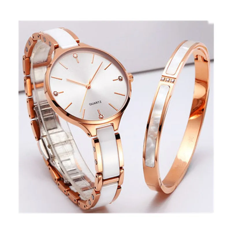 New fashion good quality watch set rose gold crystal ceramic female watches beautiful diamond face vogue mop lady bracelets