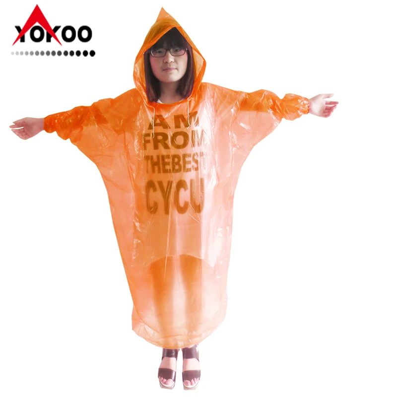 
0.02mm LDPE disposable raincoat with sleeves and hood drawstring for protective use 