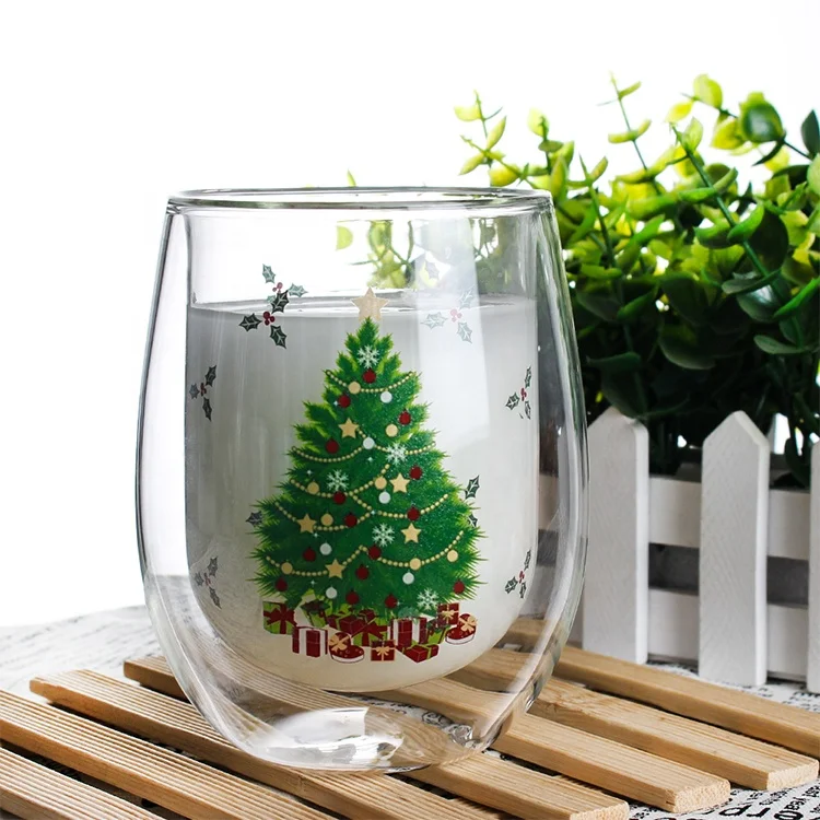 Hot Selling Modern Fashionable Christmas Tree Insulated Double Walled Borosilicate Transparent Glass Coffee Cups