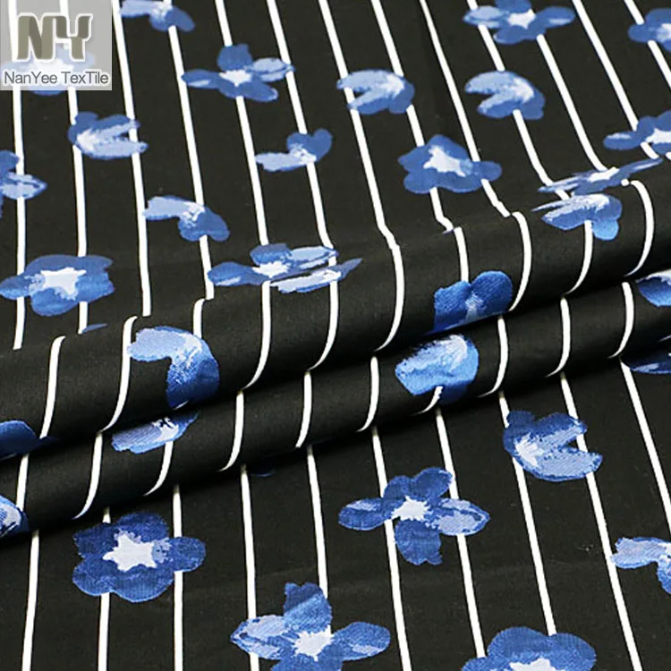 Nanyee Textile Pure Black Base Blue Flower White Stripe Polyester Blending Jacquard Fabric