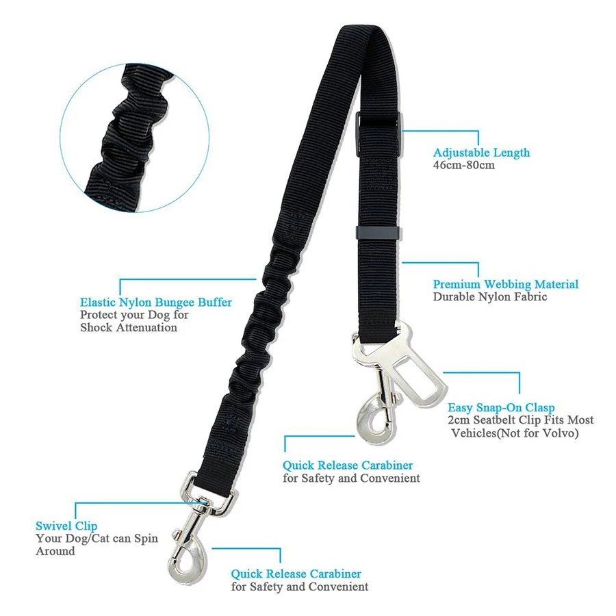 Safety Leads Vehicle Seatbelt Harness Nylon Fabric Adjustable Dog Car Seat Belt Leash with Elastic Bungee Bufferrunning Black