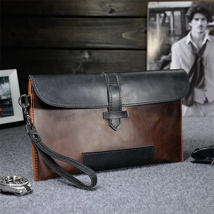 Wholesale personality vintage crazy horse leather wristlet handbag men envelope clutch bag