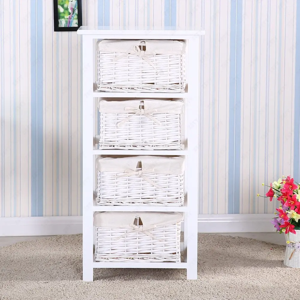 White Nightstand End Side Table Bedroom Bedside Home Furniture w/Drawer and 4 Wicker Basket Storage Wood Organizer Cabinet White