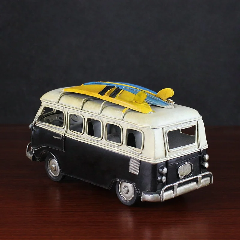 Handmade Metal Crafts European England Vintage Classic Bus Model With Skateboard Gift Home Office Decor