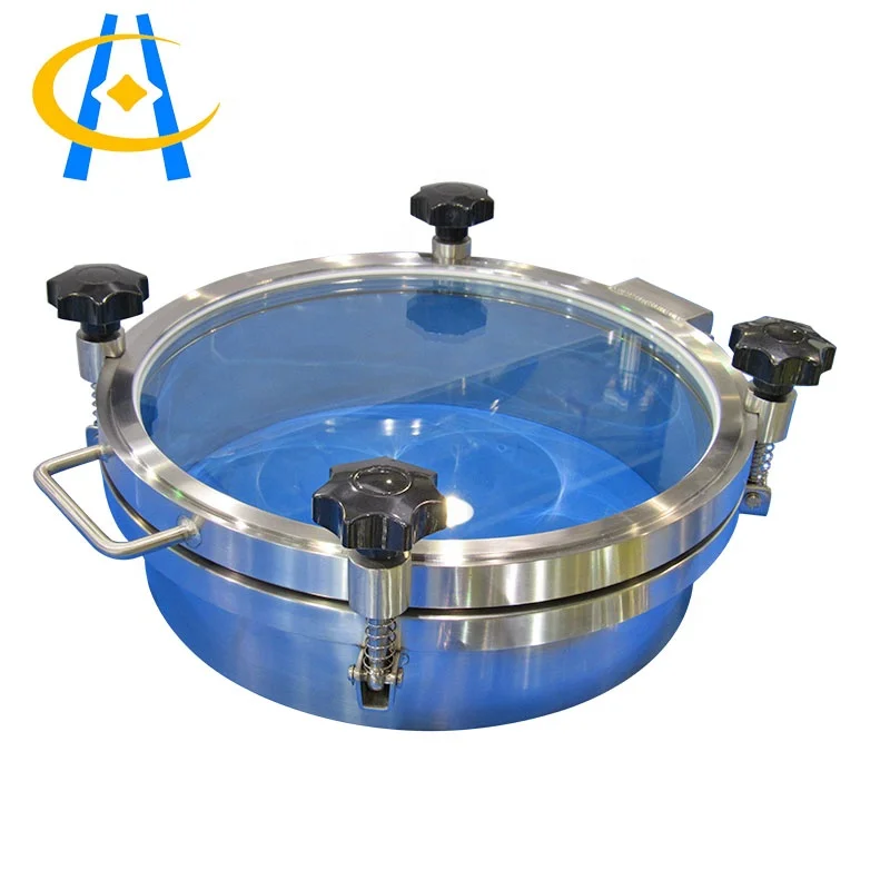 Round outward opening tank pressure manway with sight glass cover