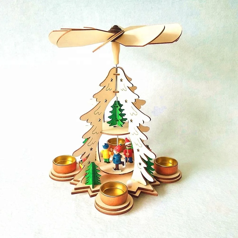 Wooden craft laser cutting Christmas pyramid decoration with tealight holders