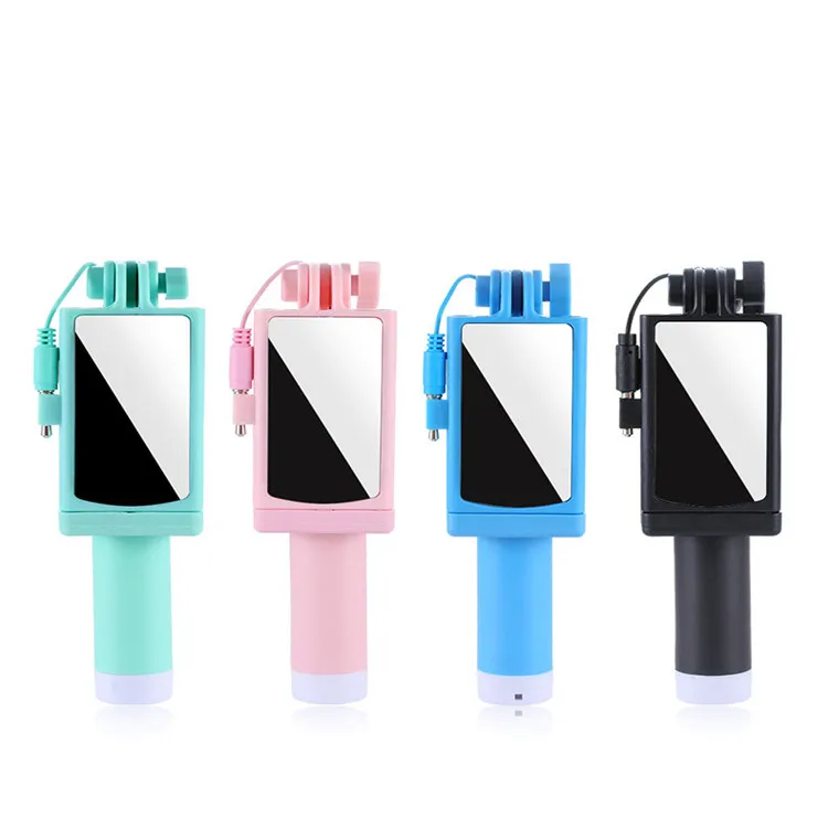 
universal mini foldable wired phone selfie stick with mirror 