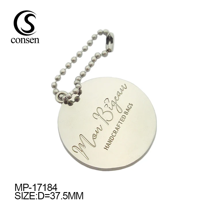 Round shape silver logo engraving handbag metal hang tags with ball chain