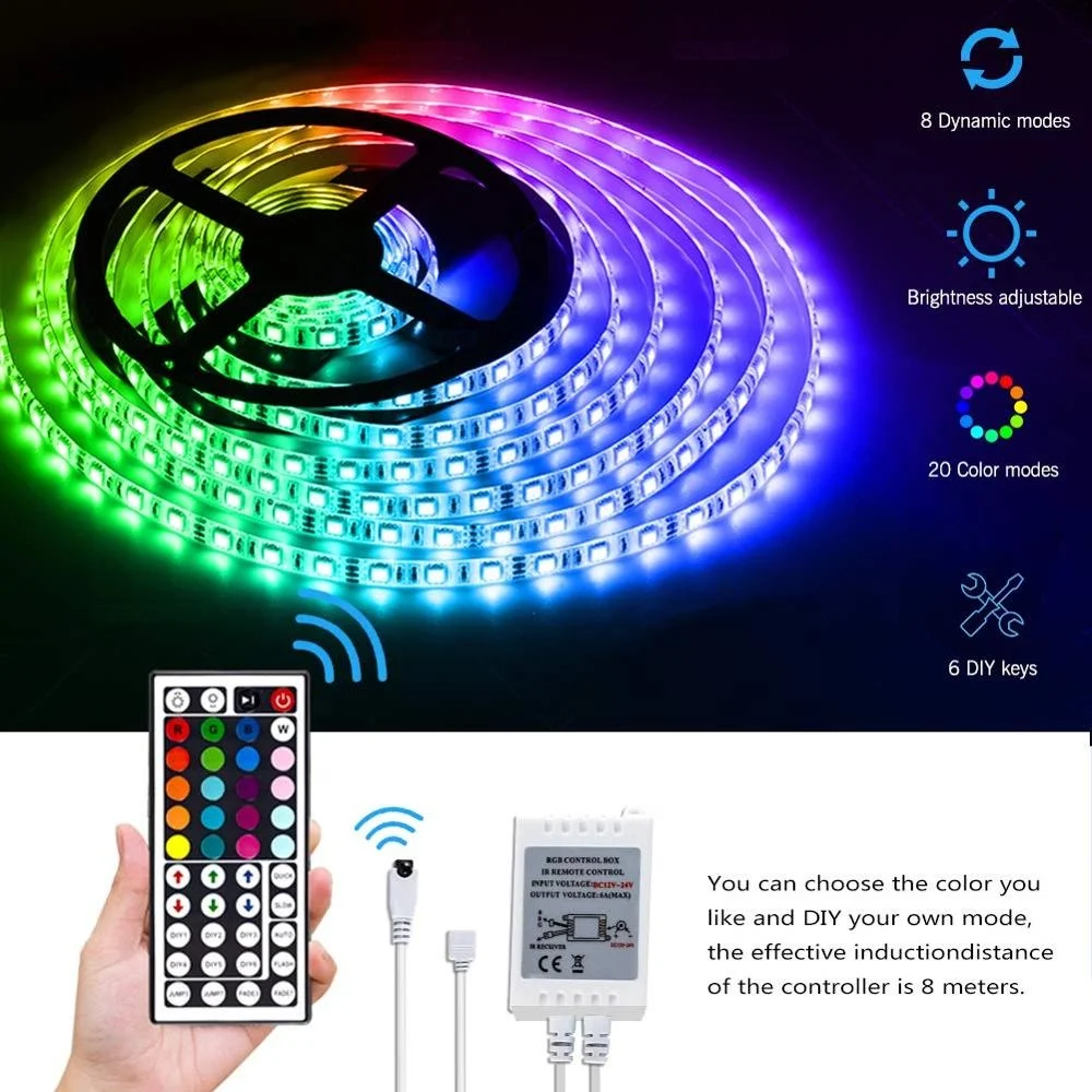 12V 5M 300leds Color Changing Waterproof 5050 RGB LED Light Strip Kit with 44 key ir remote controller & 12v 5a power adapter
