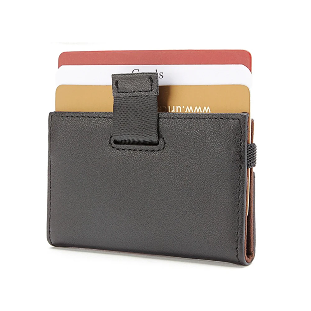Premium Full Grain Leather Super Mini Credit Card Size Wallet with Smart Pull Tab and Money Band