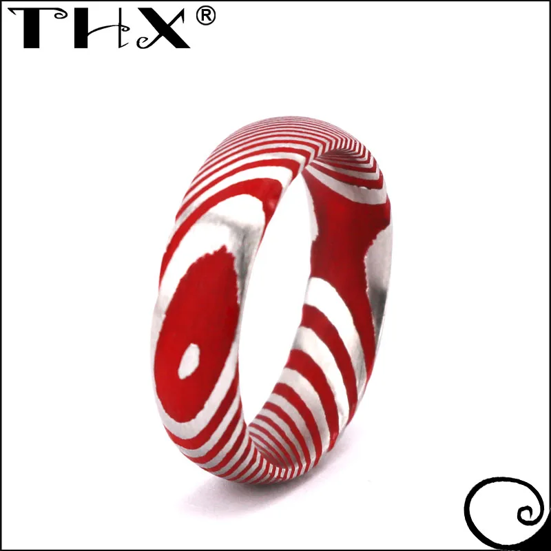 Custom Made Band Marbled Kuro Damascus Steel and Red Cerakote Ring