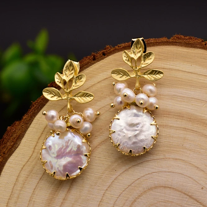 Fashion Natural Baroque Pearl earring Silver hook earrings handmade leaf freshwater pearl Earrings