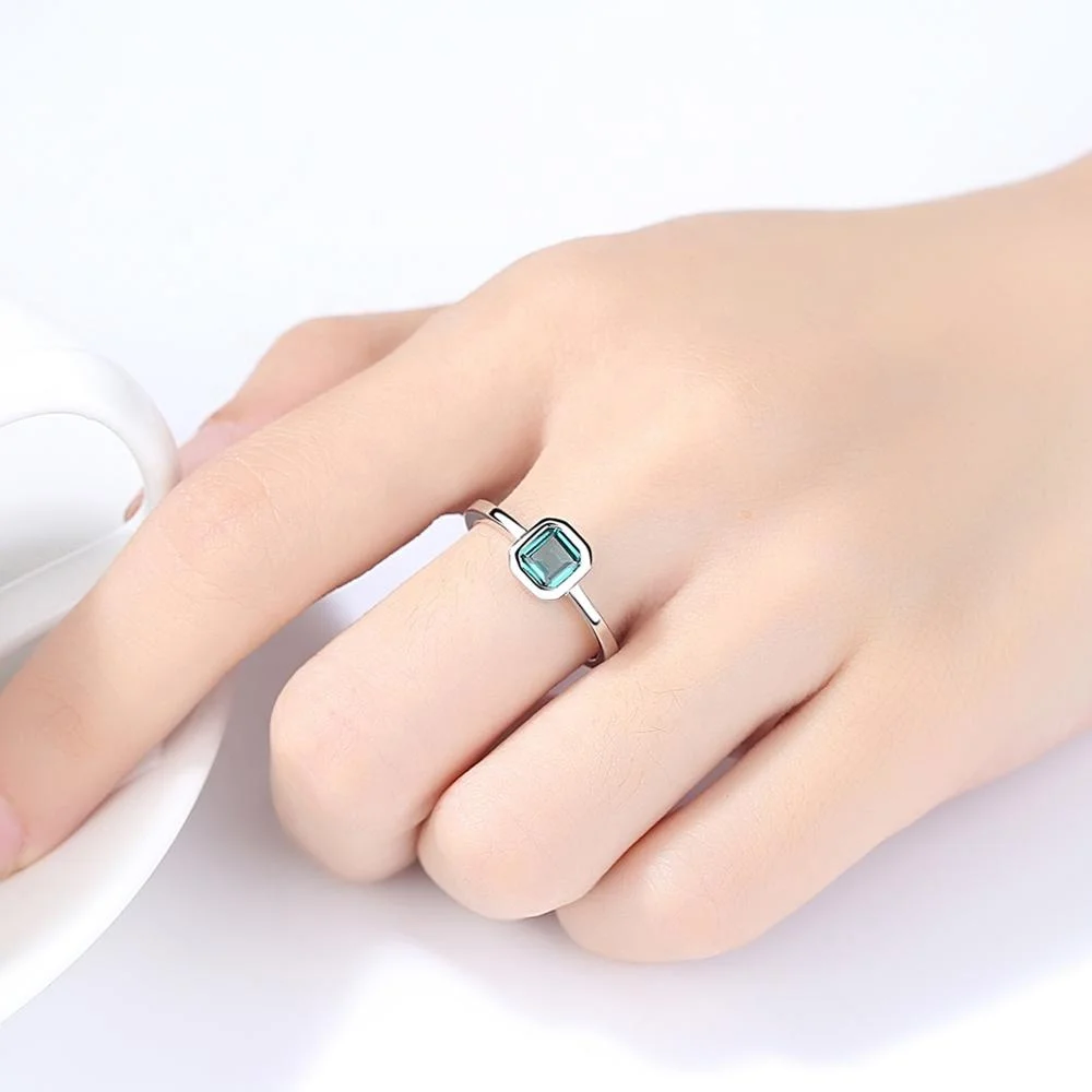 CZCITY Sterling Silver Woman Jewelry Emrald Princess 925 Square Emerald Stone Girl Gemstone Ring Fashion