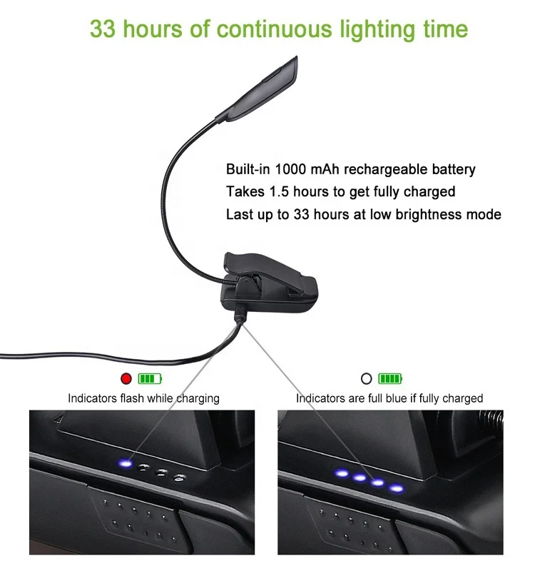 OEM Clip on Reading Light 3000K-6500K Adjustable Color Temperature Up to 33 Hours of Continuous Light Rechargeable Book Light