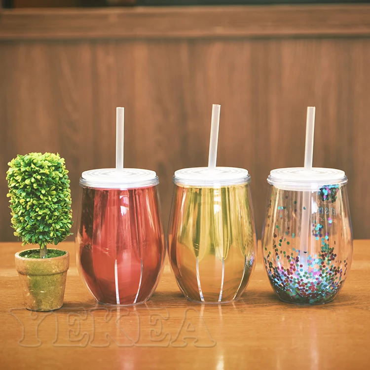Custom Insert 10oz Double Wall Glitter Plastic Wine Glass Tumbler