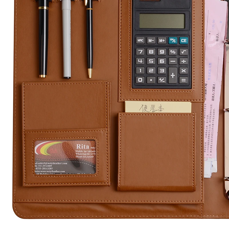 
New Arrival A4 Leather 4 Ring Binder Expanding File Folder with Notepad 