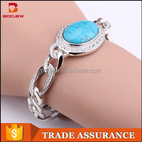 Customized Blue bead Turquoise white gold covering fashion jewellery bracelet for women,shiny 925 silver zircon bracelet