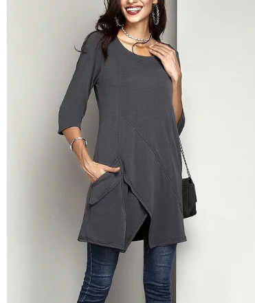 
Wholesale OEM Ladies Plus Size 3/4 Sleeve Tunic Top for Leggings Pocket Solid Color Loose Fit T Shirt Soft Tshirts Women 