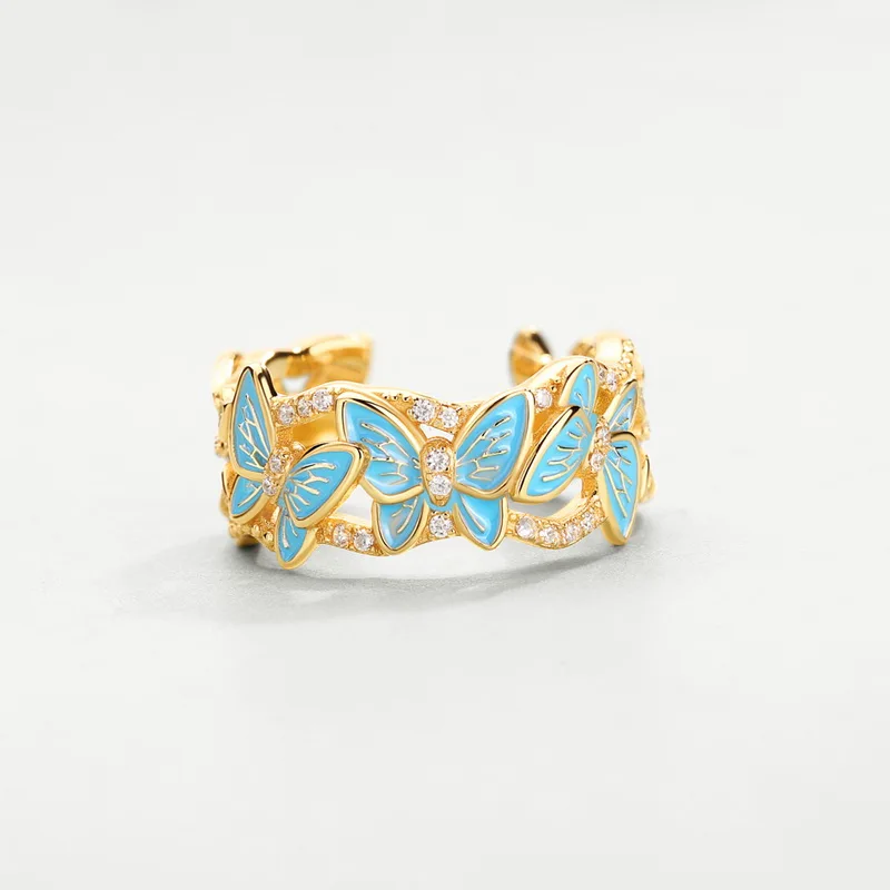 Vintage design gold jewelry S925 Sterling silver handmade enamel butterfly ring