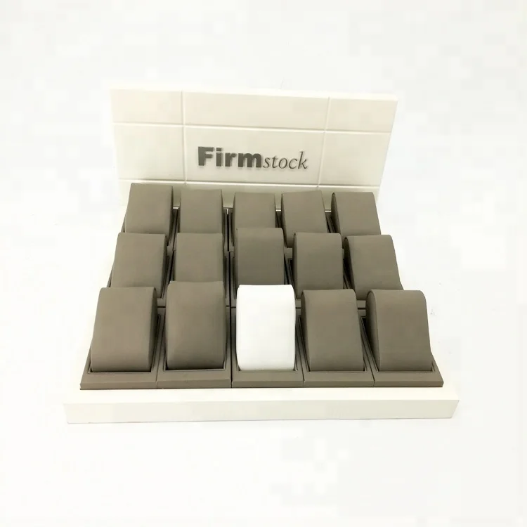 Fashion customized mdf watch shop counter display with grey fine PU leather watch display pillow and custom logo