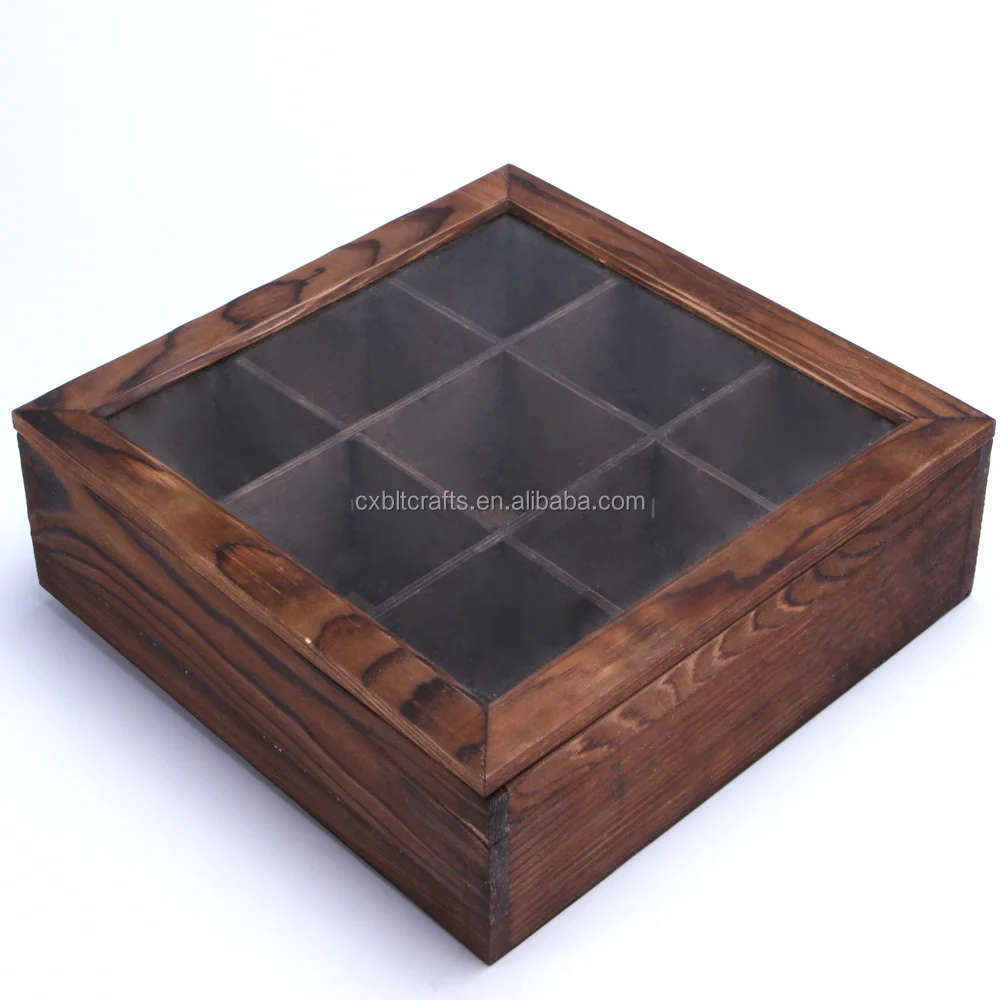 
wooden tea box with 9 partitions,pine box with glass lid,tea box with hinged lid  (60441294934)